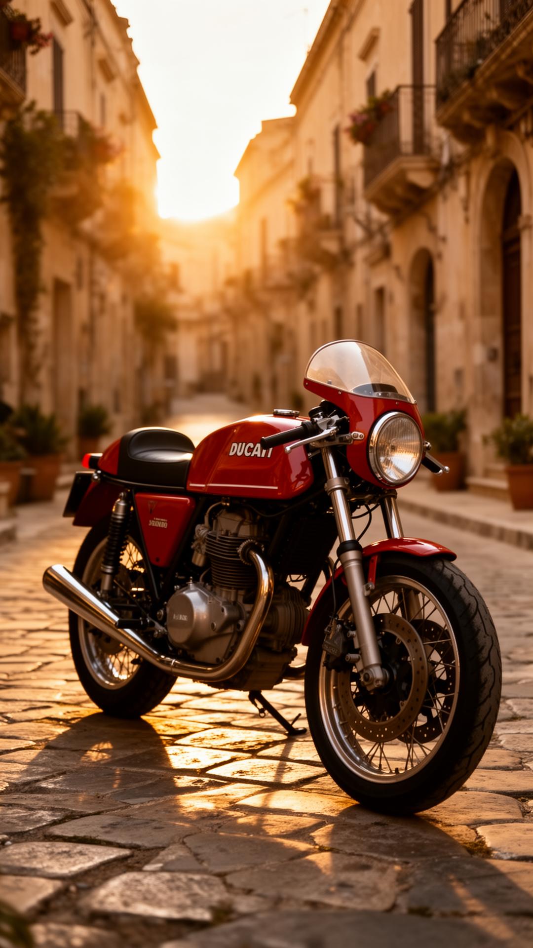 Vintage Ducati on a Sicilian cobblestone street at sunset